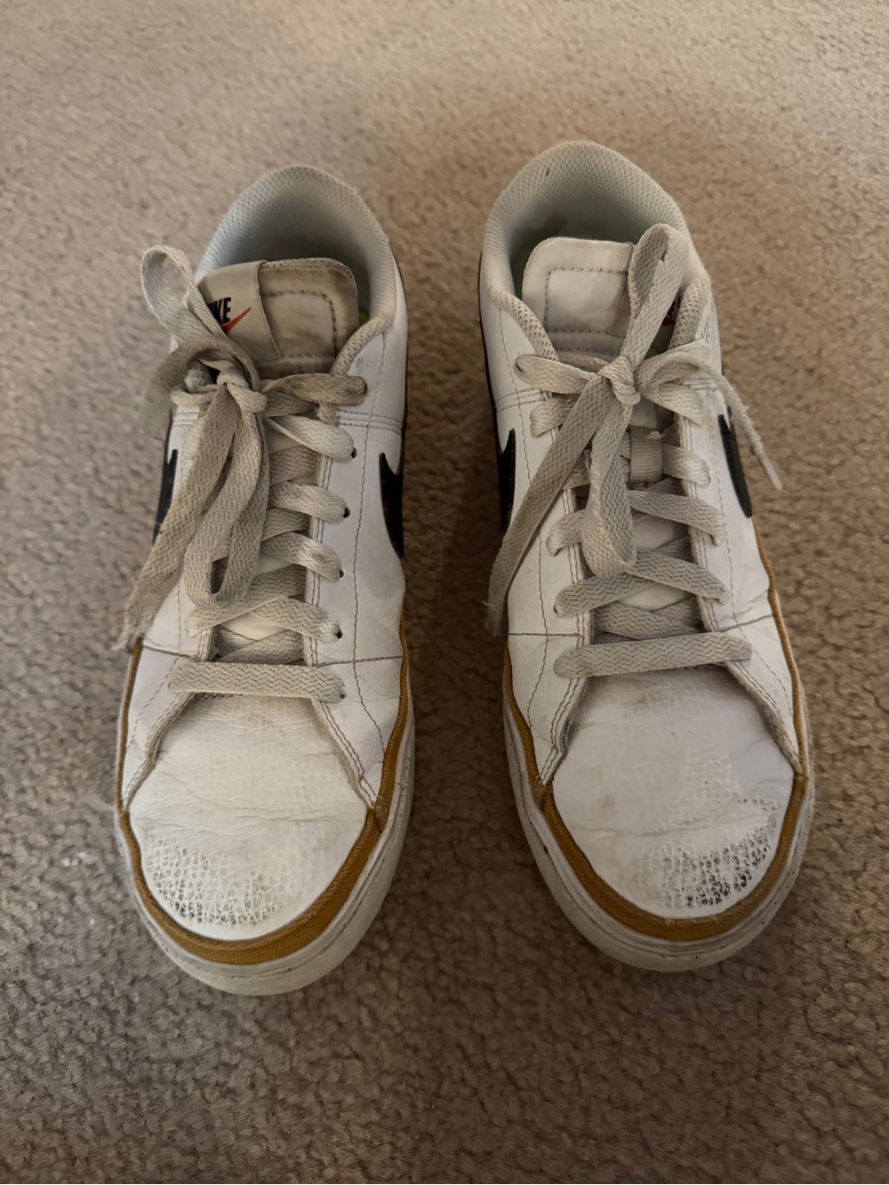 Nike Women’s Casual, White Sneakers with Black Swoosh and Brown Trim